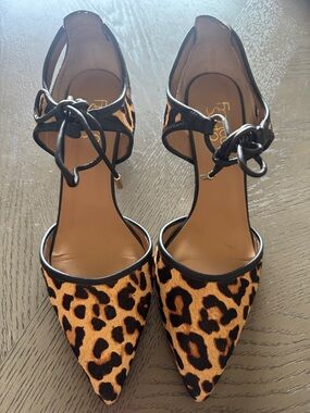 Leopard Print Pointed-Toe Ankle Strap Pumps - Women's Franco Sarto size 10